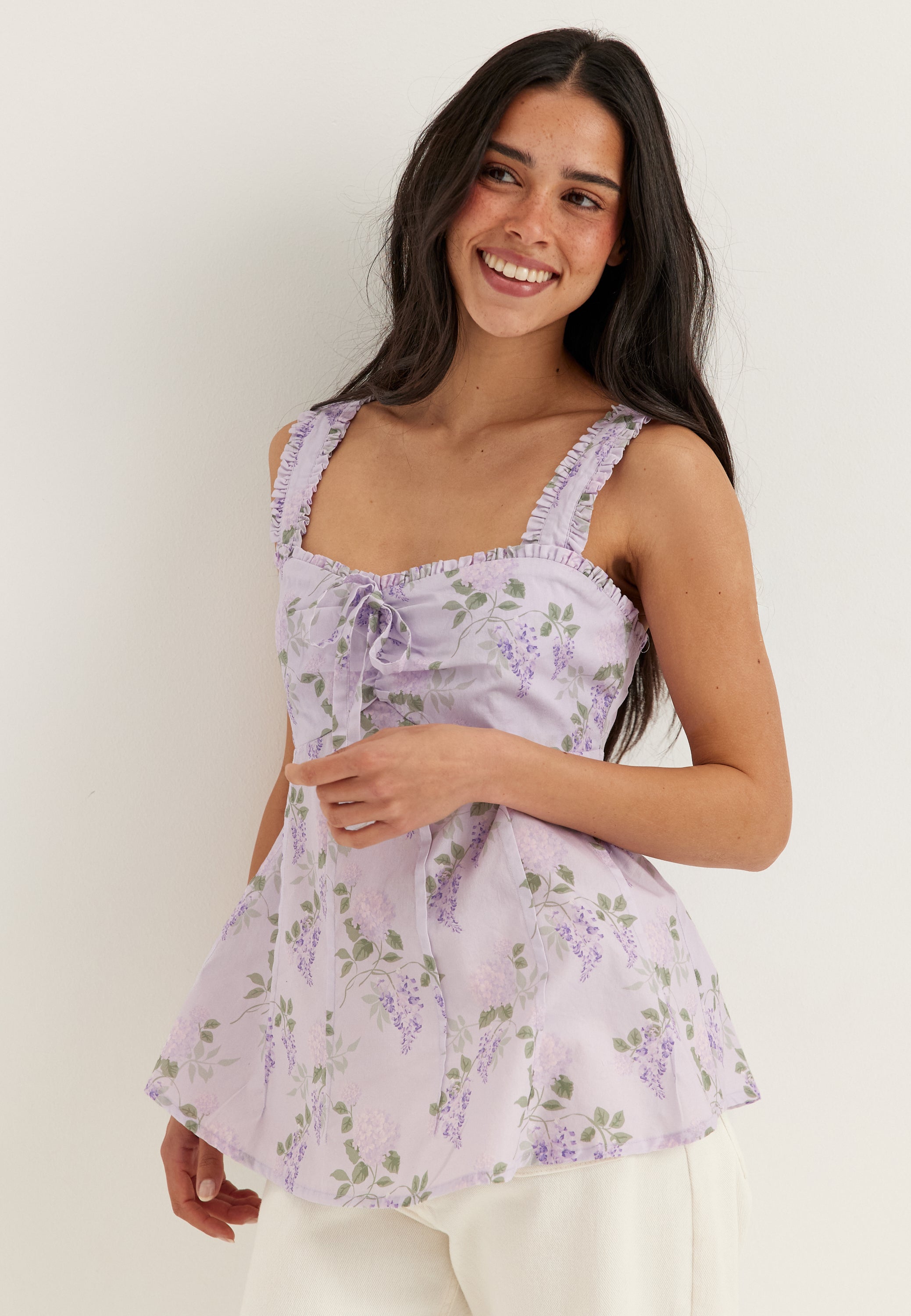 I Wear Pear Lilac Floral Frill Detail Cotton Singlet 3
