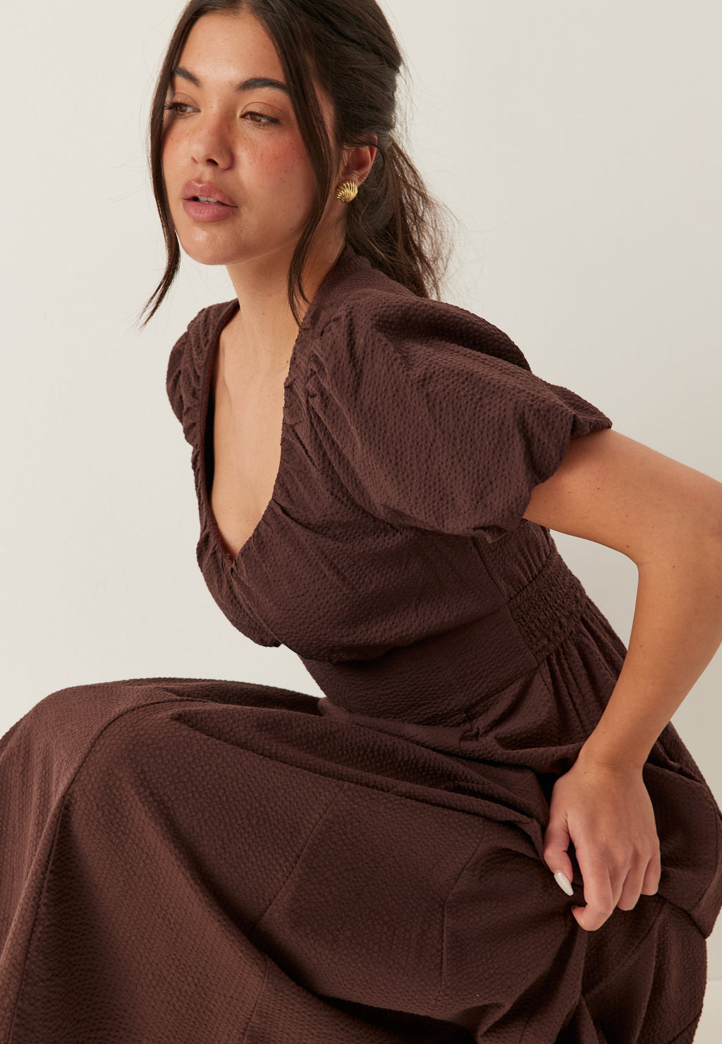I Wear Pear Dark Brown Seersucker Midi Dress 5