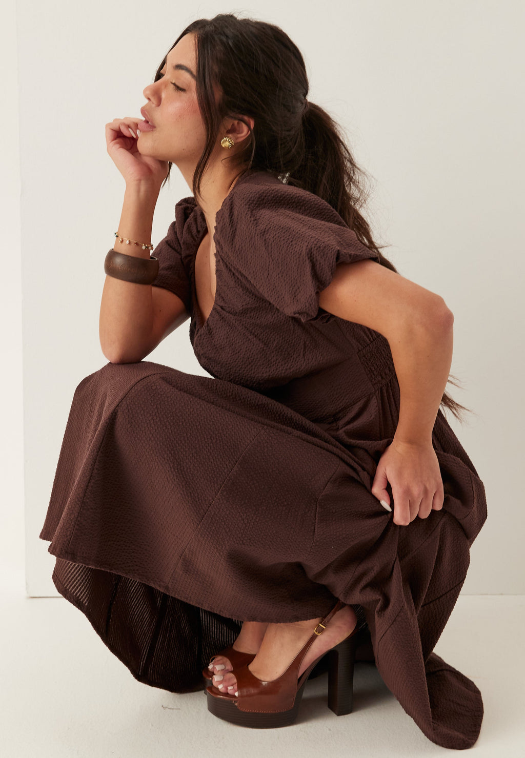 I Wear Pear Dark Brown Seersucker Midi Dress 1