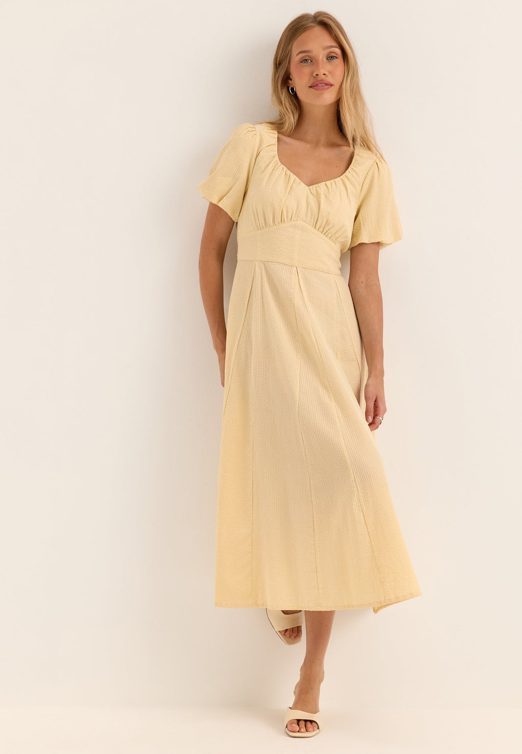 I Wear Pear Light Yellow Seersucker Midi Dress 5