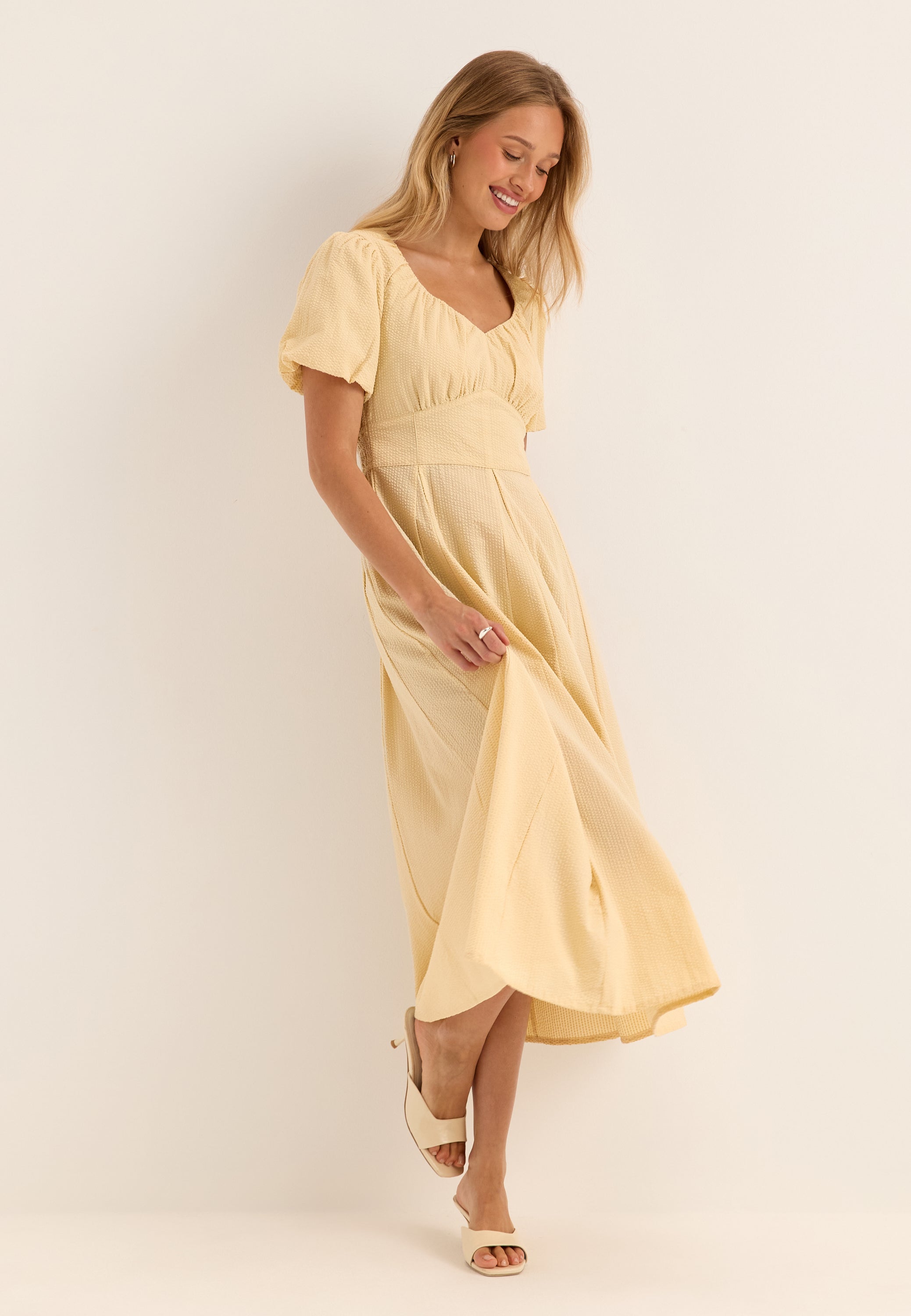 I Wear Pear Light Yellow Seersucker Midi Dress 6