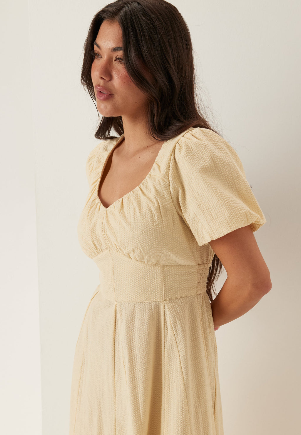I Wear Pear Light Yellow Seersucker Midi Dress 2