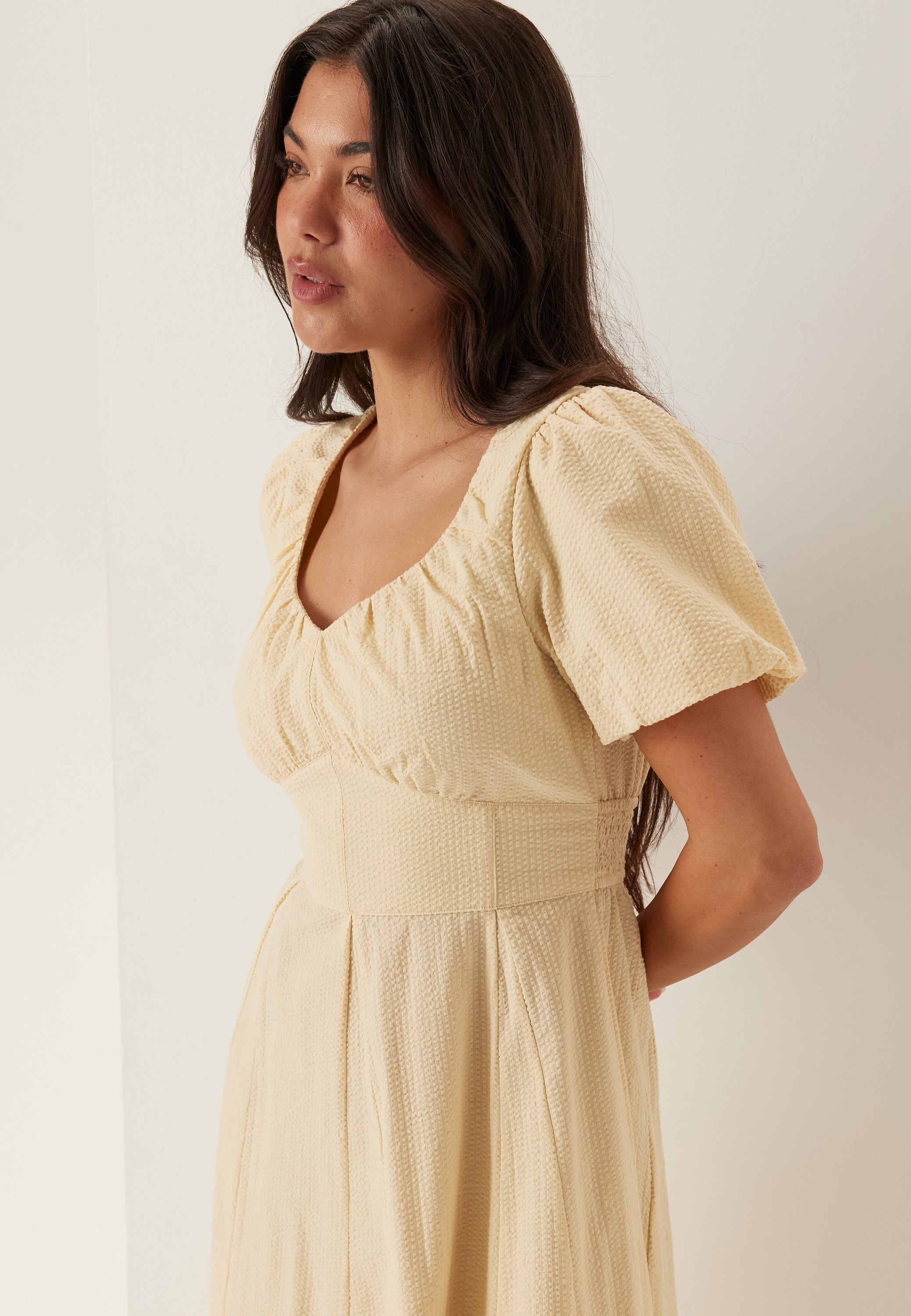 I Wear Pear Light Yellow Seersucker Midi Dress 2