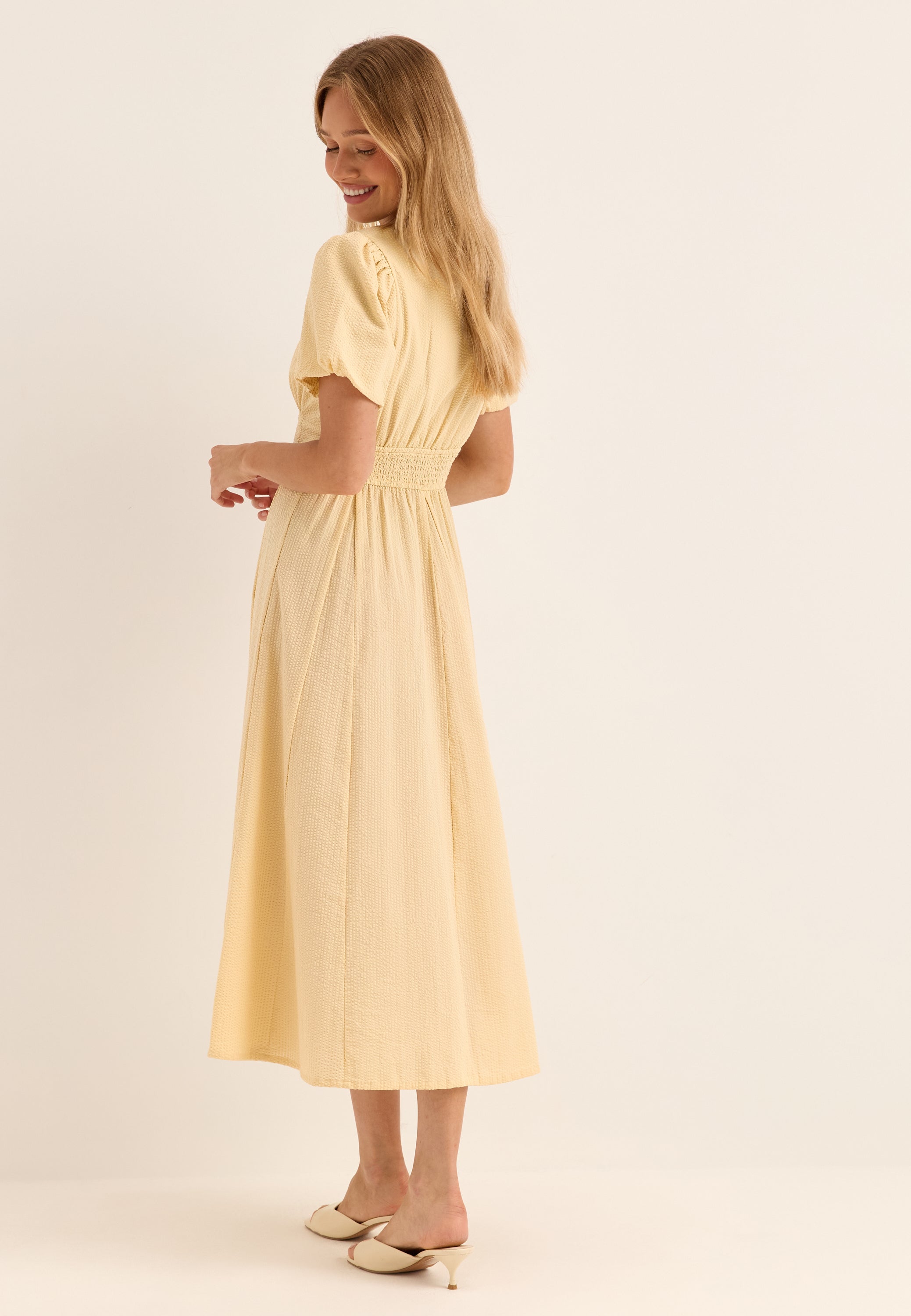 I Wear Pear Light Yellow Seersucker Midi Dress 8