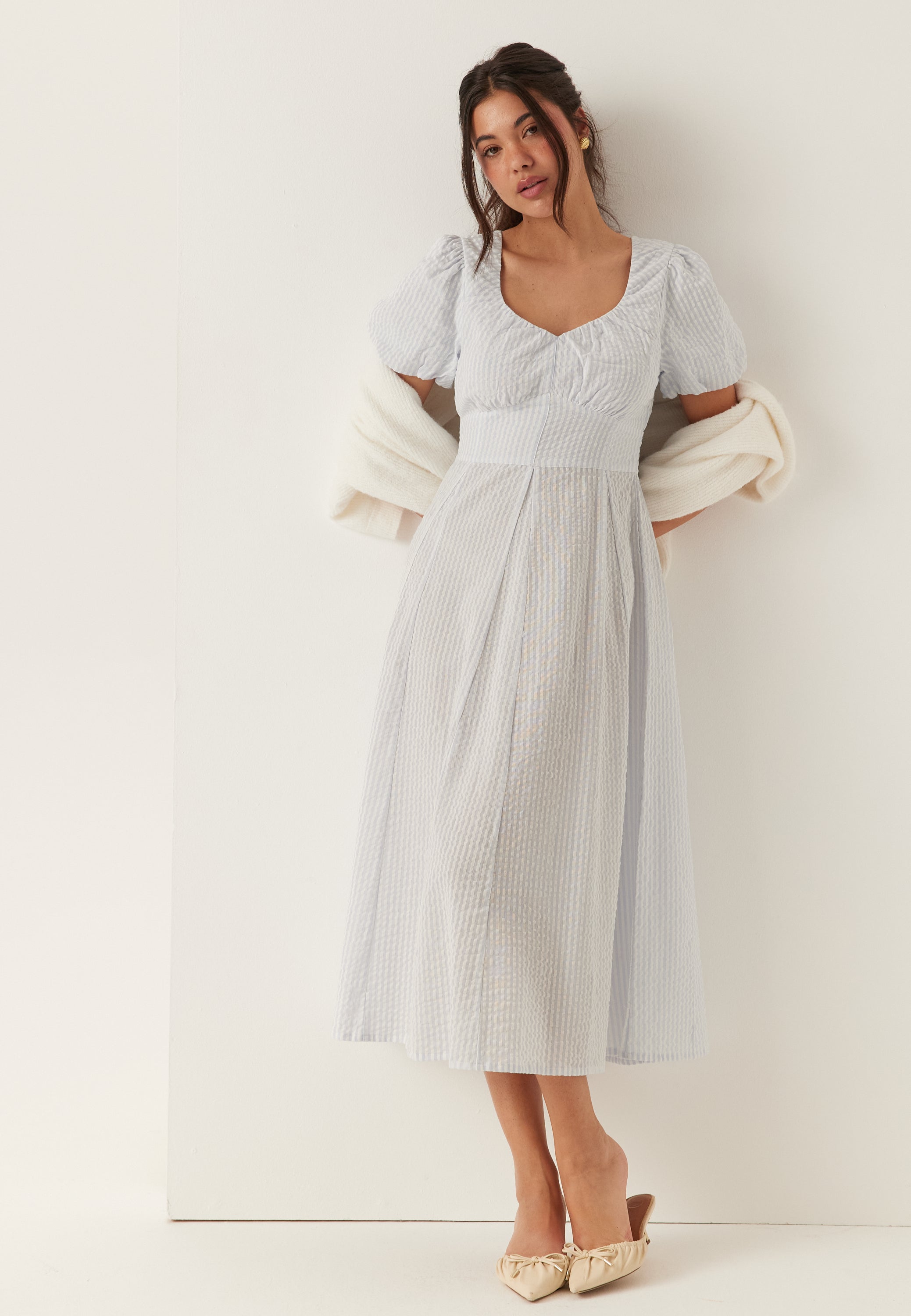 I Wear Pear Light Blue Seersucker Midi Dress 1