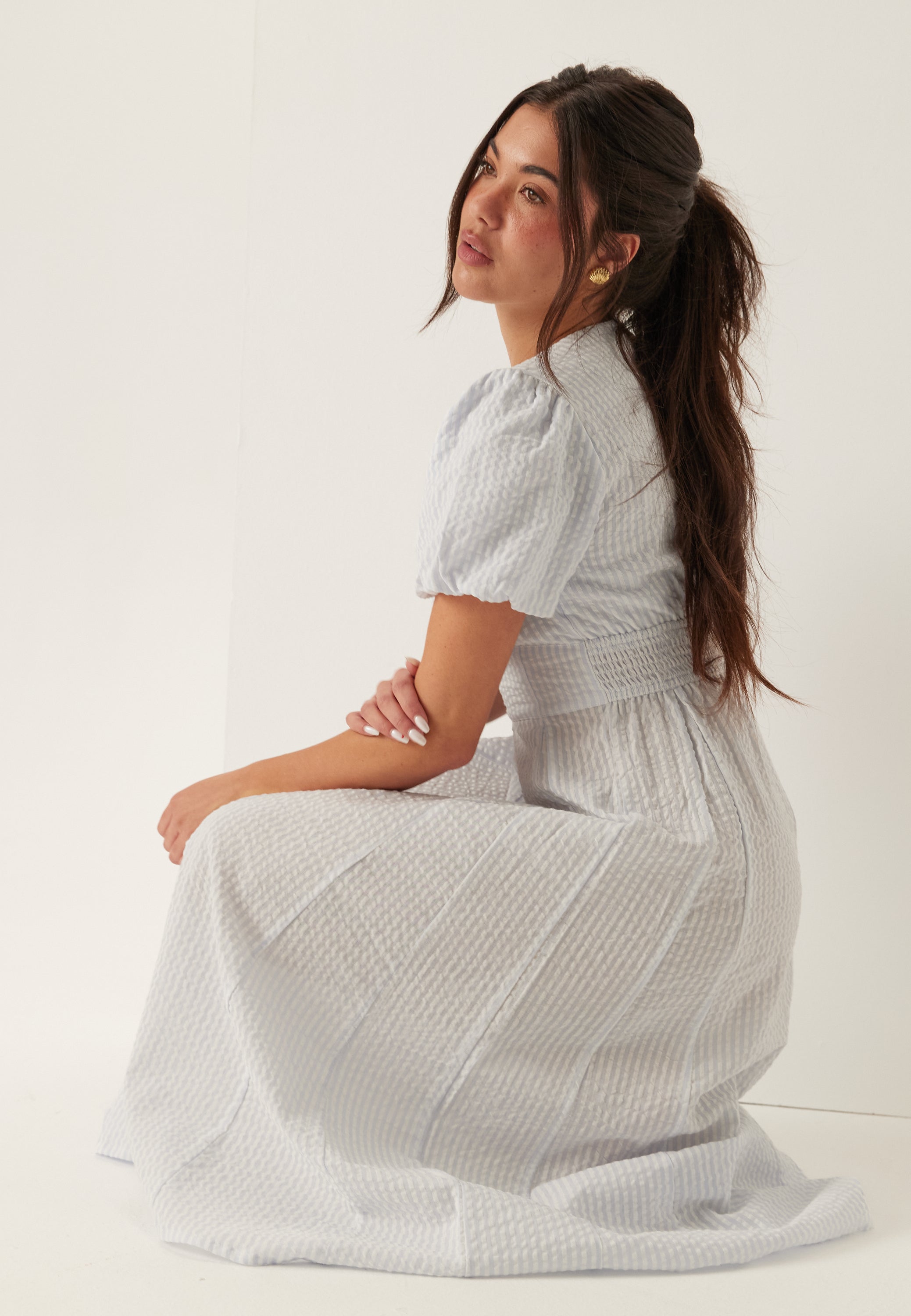 I Wear Pear Light Blue Seersucker Midi Dress 3