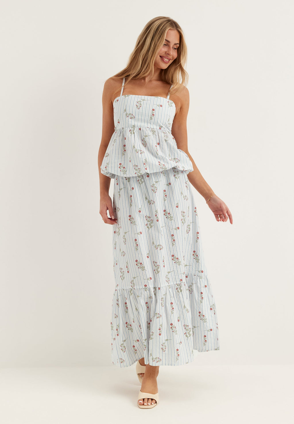 I Wear Pear White Floral Striped Cotton Singlet 1