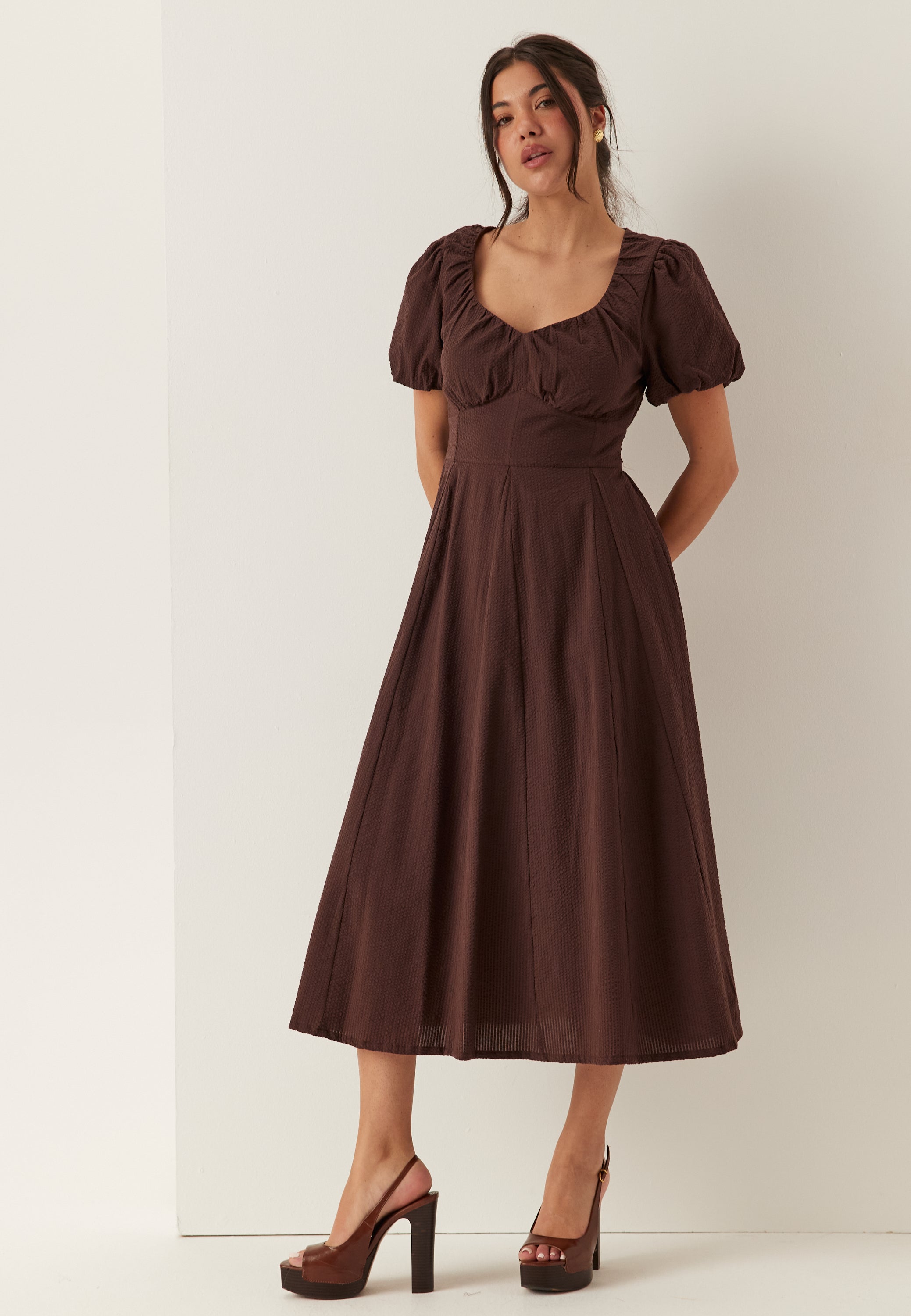 I Wear Pear Dark Brown Seersucker Midi Dress 3