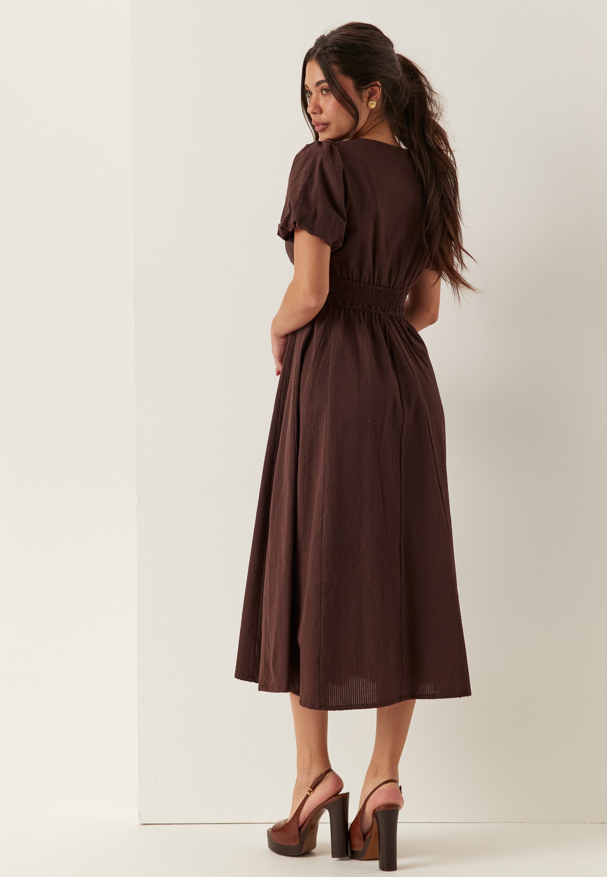 I Wear Pear Dark Brown Seersucker Midi Dress 4