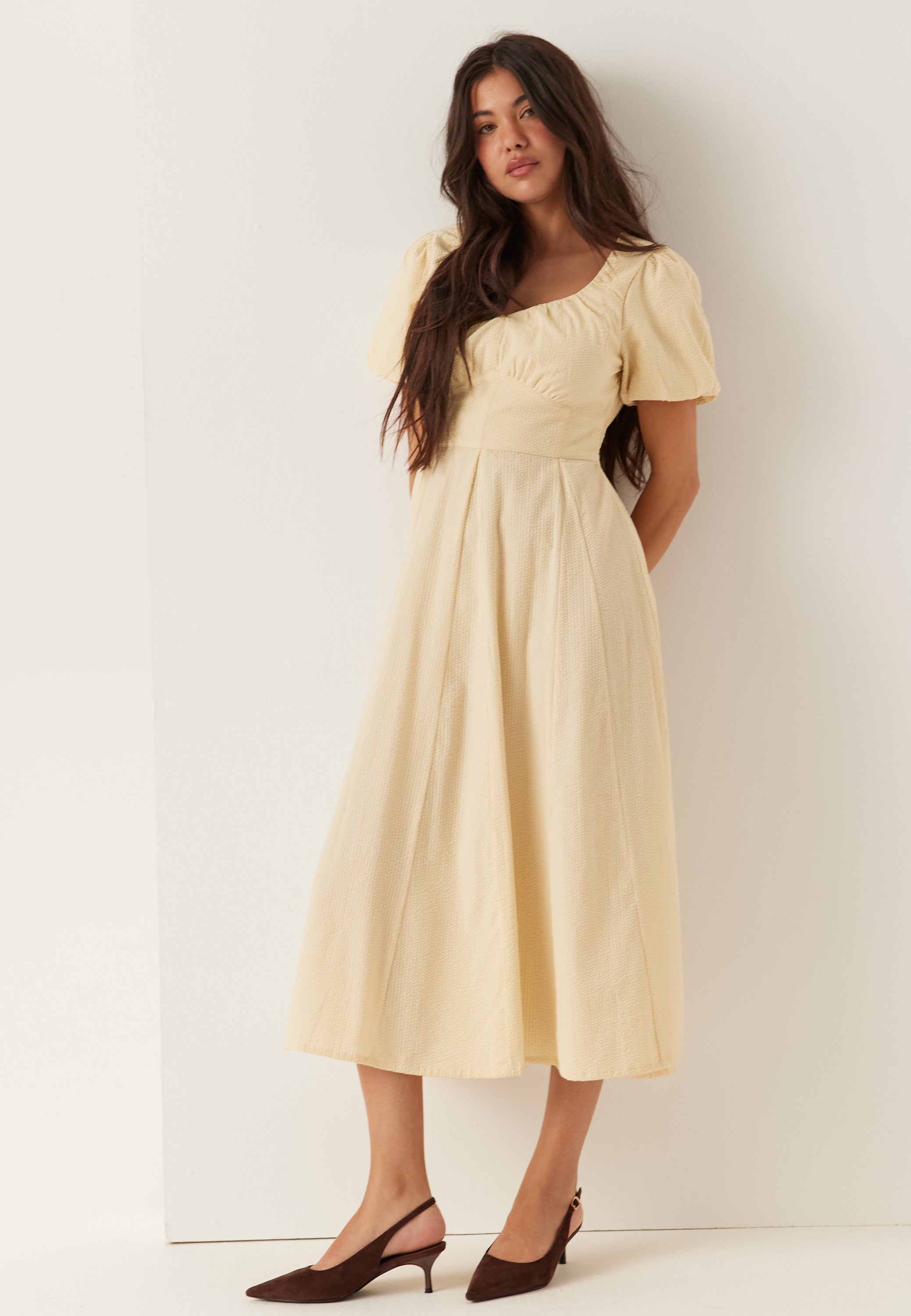 I Wear Pear Light Yellow Seersucker Midi Dress 1