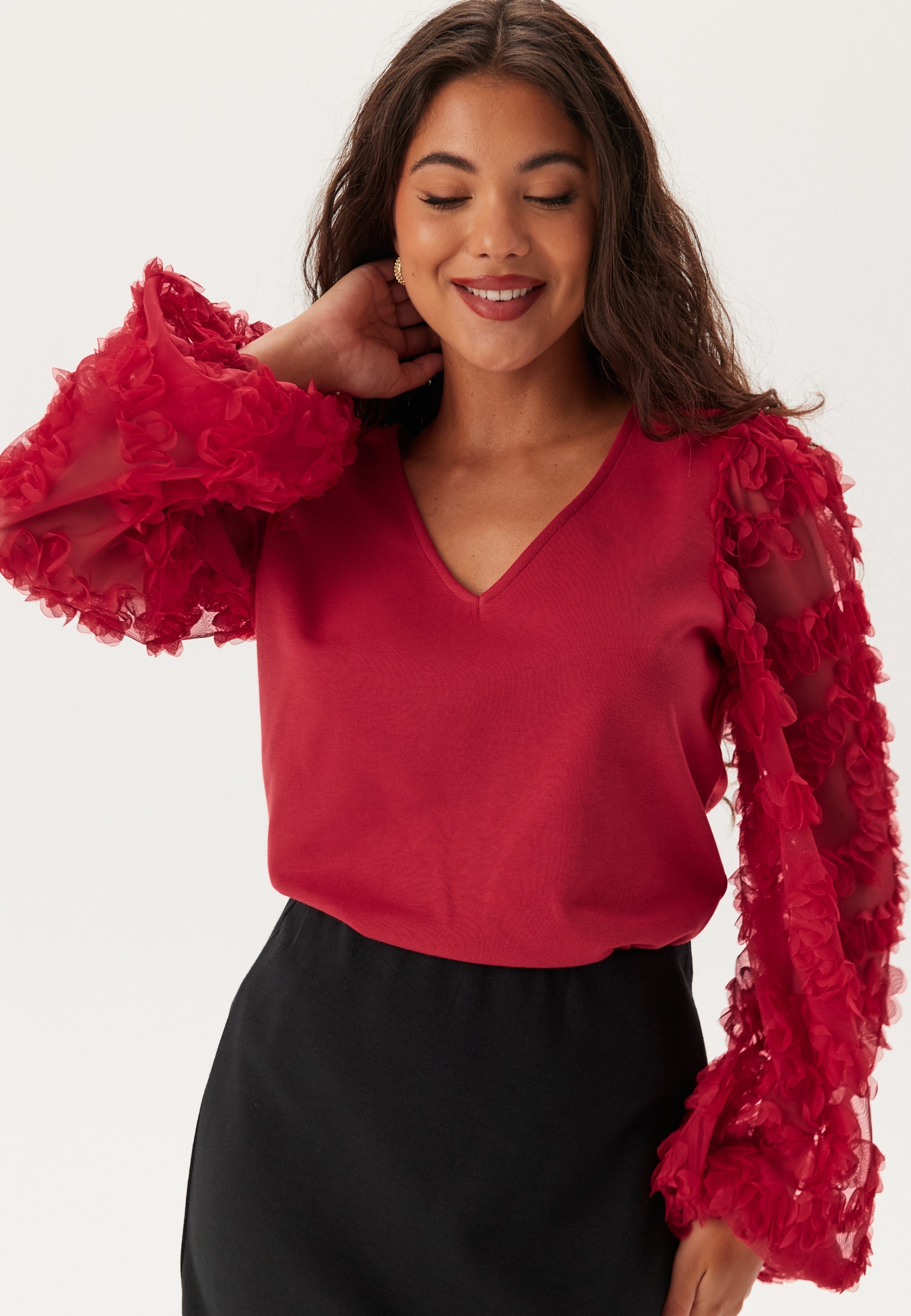 I Wear Pear Red 3D Floral Sleeve V-Neck Top 1