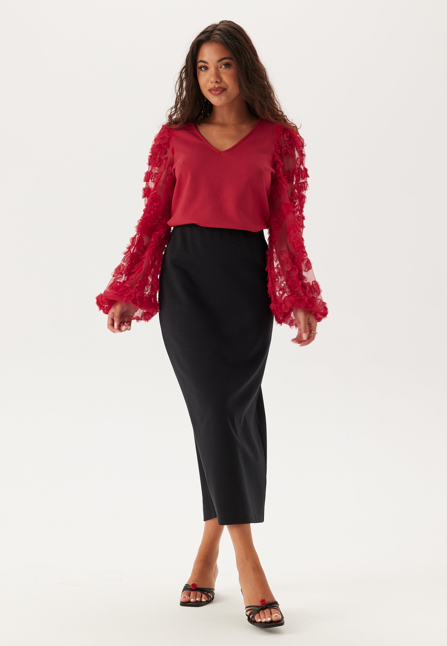 I Wear Pear Red 3D Floral Sleeve V-Neck Top 3