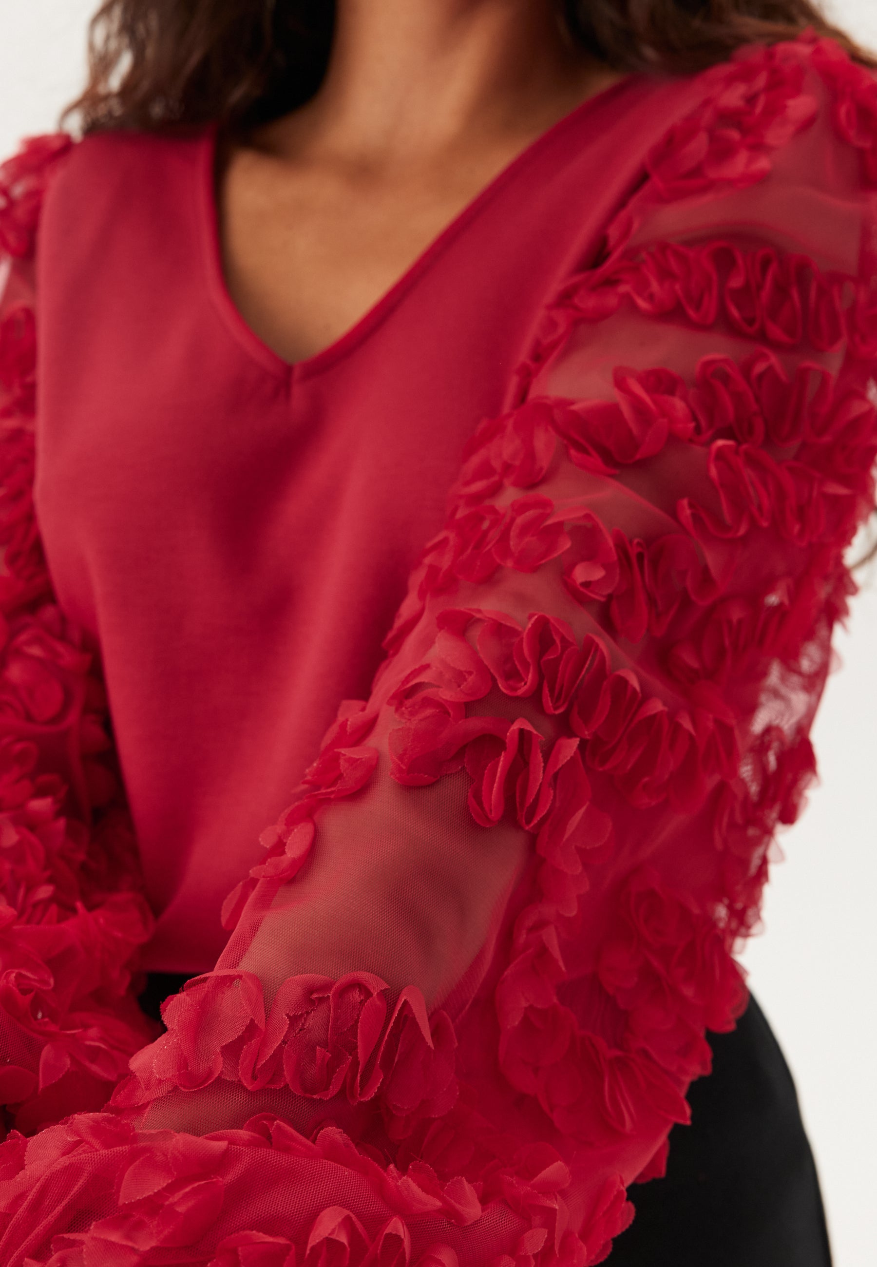 I Wear Pear Red 3D Floral Sleeve V-Neck Top 4